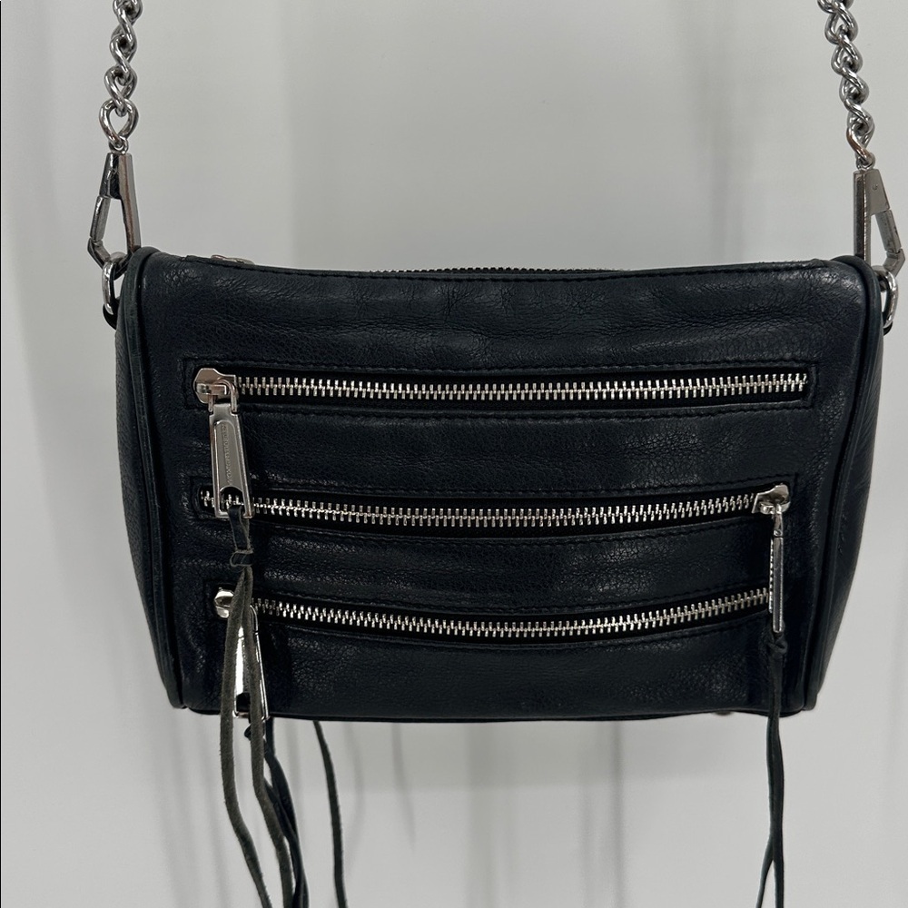 Rebecca Minkoff Black Leather Fringe Crossbody Bag With Silver Chain Strap - Picture 3 of 11